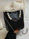 Women Vintage Faux Leather Pearl Decoration Chain Crossbody Bag Handbag - Black