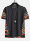 Mens Ethnic Geometric Pattern Stitching Texture Short Sleeve Streetwear T-Shirts - Black