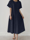 Leisure Solid Ruched Short Sleeve Round Neck Maxi Dress - Navy
