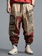 Pantalon à taille avec cordon de serrage et imprimé géométrique tribal chinois pour hommes - Vin rouge