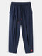 Mens Linen Solid Color Loose Pleated Drawstring Mid Harm Pants - Navy