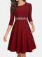 فستان ميدي فينتيج كم طويل بياقة مستديرة للنساء - نبيذ أحمر
