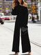 Solid Long Sleeve Wide Leg Pocket Two Pieces Suit - Black