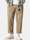 Mens Ink Printed Casual Straight Belted Pants With Pocket - Khaki