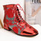 Women Flat Toe Flowers Embroidered Splicing Mesh Block Heel Short Summer Boots - Red