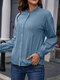 Cotton Solid Ruffle Button Long Sleeve Comfy Blouse - Blue