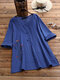 Flowers Pleated Frog Button 3/4 Sleeve Plus Size Blouse - Navy