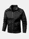 Mens Cotton Solid Color Zip Front Casual Jackets With Pockets - Black