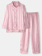 Women Striped Satin Button Up High Low Hem Smooth Pajamas Sets - Pink