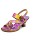 Socofy Leather Beach Vacation Ethnic Floral Heeled Sandals - Light Purple