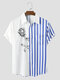 Mens Floral Print Striped Stitching Chest Pocket Casual Short Sleeve Shirts - White