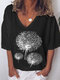 Flower Printed Short Sleeve V-neck T-shirt for Women - Black