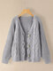 Solid Color Cable Knitted Button Casual Comfy Cardigan - Gray