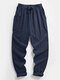 Mens Solid Color Plain Drawstring Elastic Waist Pants With Pocket - Navy