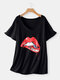 Red Lips Printed Short Sleeve V-neck Casual T-shirt For Women - Black