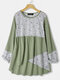 Stripe Floral Print Patchwork Long Sleeve Blouse For Women - Green