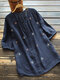 Floral Embroidery O-neck Button Short Sleeve Women Loose Blouse - Navy