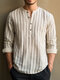 Camisas masculinas listradas de meio botão casual manga comprida Henley - Bege
