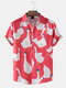 Mens Cartoon Goose Print Button Up Short Sleeve Shirts With Pocket - Red