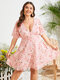 Plus Size Wedding Deep V Neck Floral Print Dress - Pink