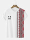 Mens Smile Ethnic Geometric Print Crew Neck Short Sleeve T-Shirts - White