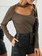 Solid Color Long Sleeve O-neck Sexy Blouse For Women - Brown