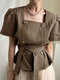 Solid Belt Double Breasted Square Collar Puff Sleeve Blouse - Brown