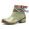 Socofy Retro Solid Splicing Handmade Weaving Straps Leather Side Zipper Chunky Heel Short Boots - Green