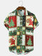 Mens Christmas Tree Santa Print Colorblock Button Holiday Short Sleeve Shirts - Green