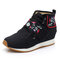 Women Casual Embroidery Flower Pattern Warm Lined Lace-up Hook Loop Ankle Boots - Black
