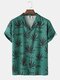 Mens Leaf Letter Print Short Sleeve Revere Collar Holiday Shirt - Green