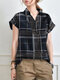 Abstract Painted Letter Plaid Short Sleeve Casual Blouse - Navy
