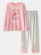 Plus Size Women Cotton Cute Rabbit Letter Printed Round Neck Comfy Sleepwear Set - Pink