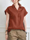 Solid V Neck Roll Short Sleeve Casual Cotton Blouse - Orange