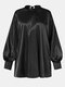 Solid Color O-neck Long Sleeve Knotted Casual Blouse For Women - Black