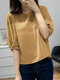 Solid Puff Sleeve Keyhole Back Crew Neck Blouse - Yellow