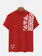 Mens Ethnic Geometric Smile Print Crew Neck Short Sleeve T-Shirts - Red