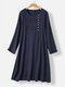 Solid Color Lace Button Patchwork Long Sleeve Dress - Blue