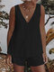 Women Solid V-Neck Sleeveless Tank Casual Cotton Co-ords - Black