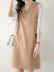 Contrast Dual Pocket 3/4 Sleeve V-neck Casual Dress - Khaki