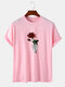 Mens Rose Hand Print Crew Neck Cotton Short Sleeve T-Shirts - Pink