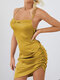 Women Solid Color Strap Backless Knotted Asymmetrical Hem Sexy Dress - Yellow