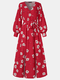 Floral Print V-neck Lantern Sleeve Plus Size Slit Dress for Womnen - Red