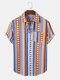 Mens Striped Geometric Print Ethnic Style Short Sleeve Shirts - Orange