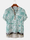 Mens Tropical Leaf Floral Print Short Sleeve Holiday Henley Shirts - Blue