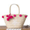 Women Woven Straw Beach Handbag Travel Plush Ball Bag - Rose