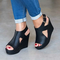 Peep Toe Buckle Strap Wedge Sandals - Black