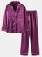 Plus Size Women Faux Silk Lapel Chest Pocket Long Pajamas Sets With Contrast Binding - Purple
