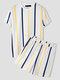 Mens Colorful Striped Crew Neck Preppy Two Pieces Outfits - White