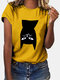 Crew Neck Cartoon Cat Print Short Sleeve Casual T-shirt - Yellow